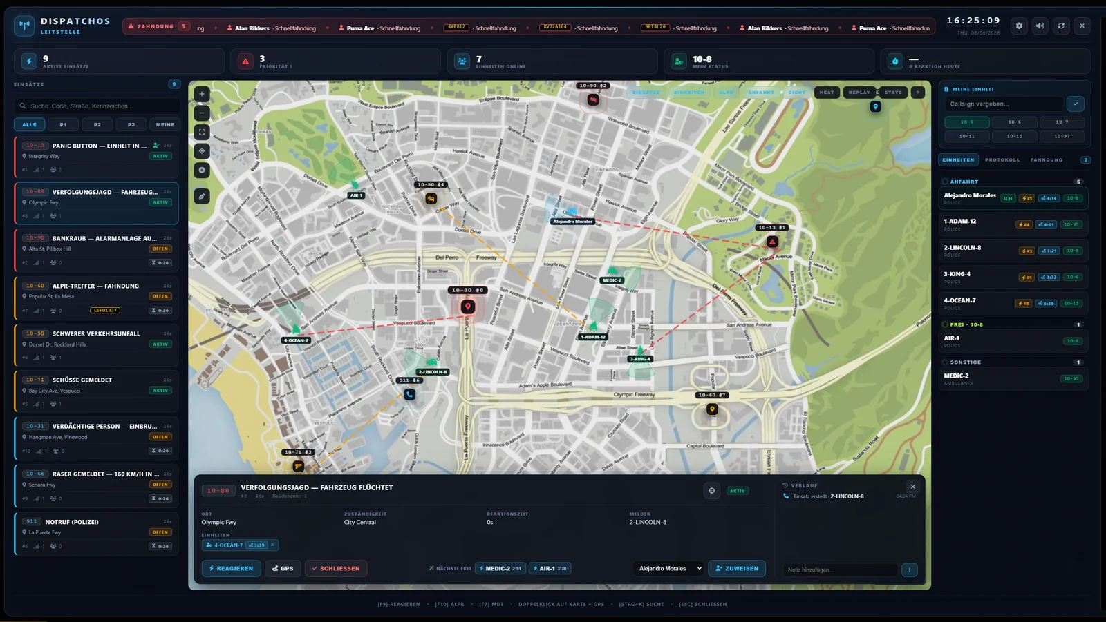 DispatchOS Leitstelle: offene Einsätze, Einheiten auf der Live-Karte und Einsatzdetails im Browser