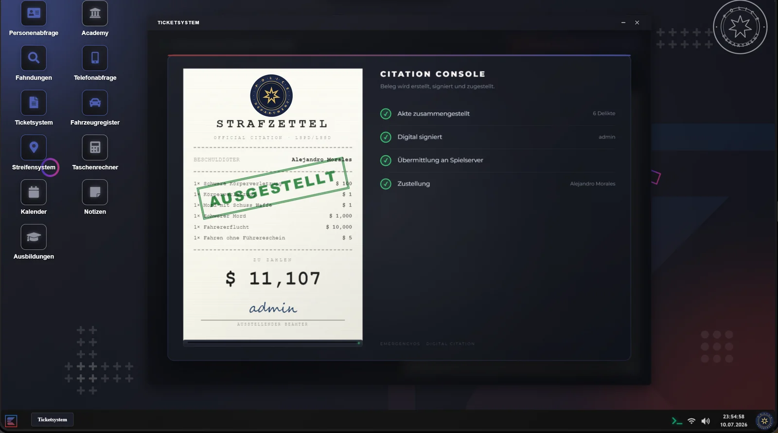 Citation Console: Strafzettel über 11.107 Dollar wird erstellt, signiert und zugestellt